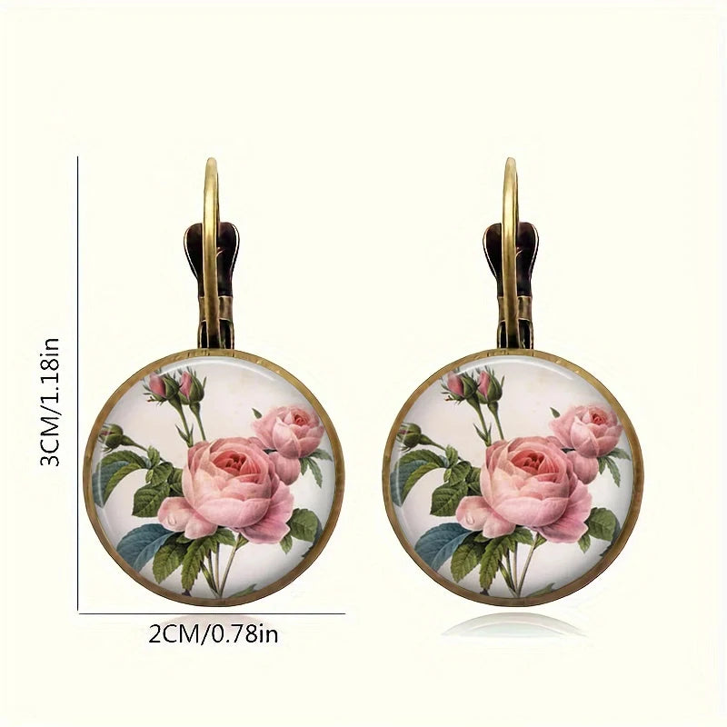Retro Vintage Pink Rose Flower Round Glass Alloy Earrings - Several Options