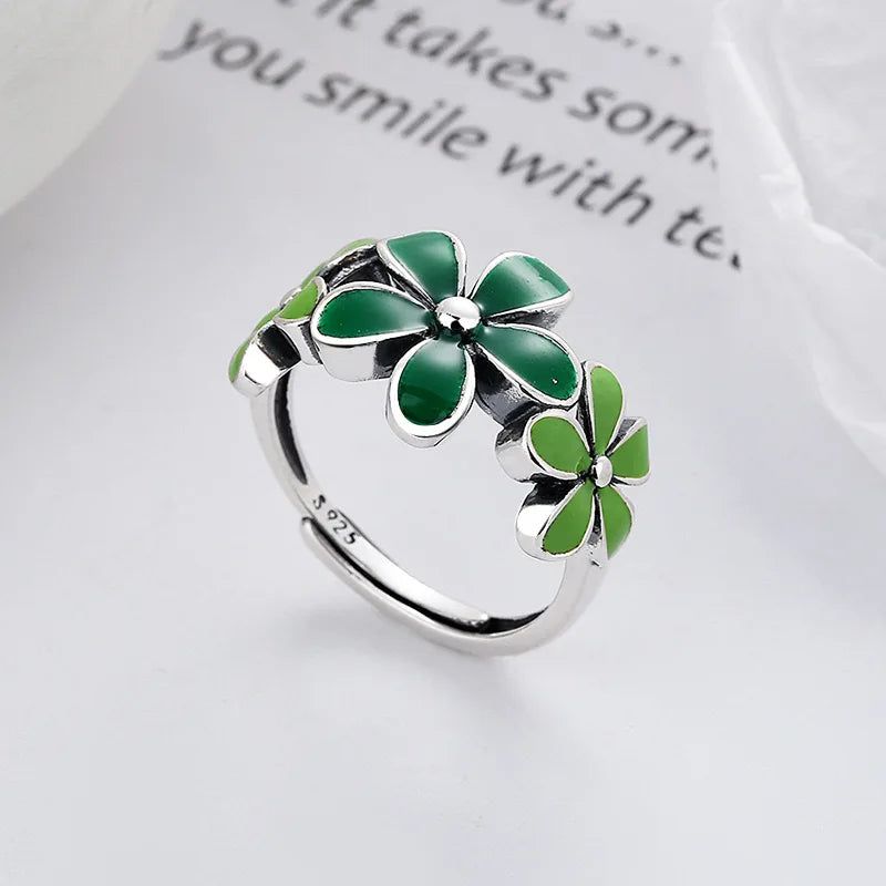 925 Sterling Silver Green Flower Adjustable Ring