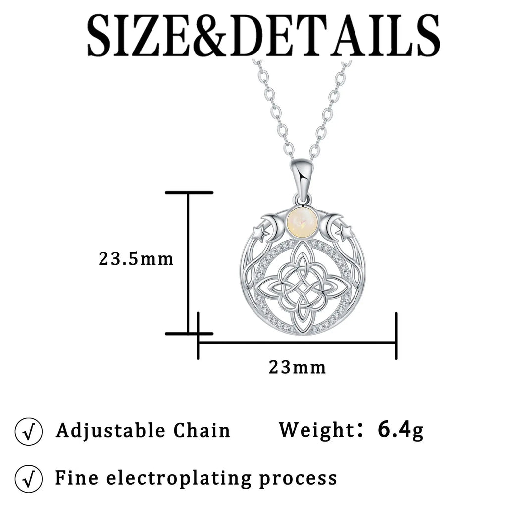 Tibetan Silver-Plated Stainless-Steel Triple Moon Goddess Witch Knot Necklace Opal Zircon Pendant