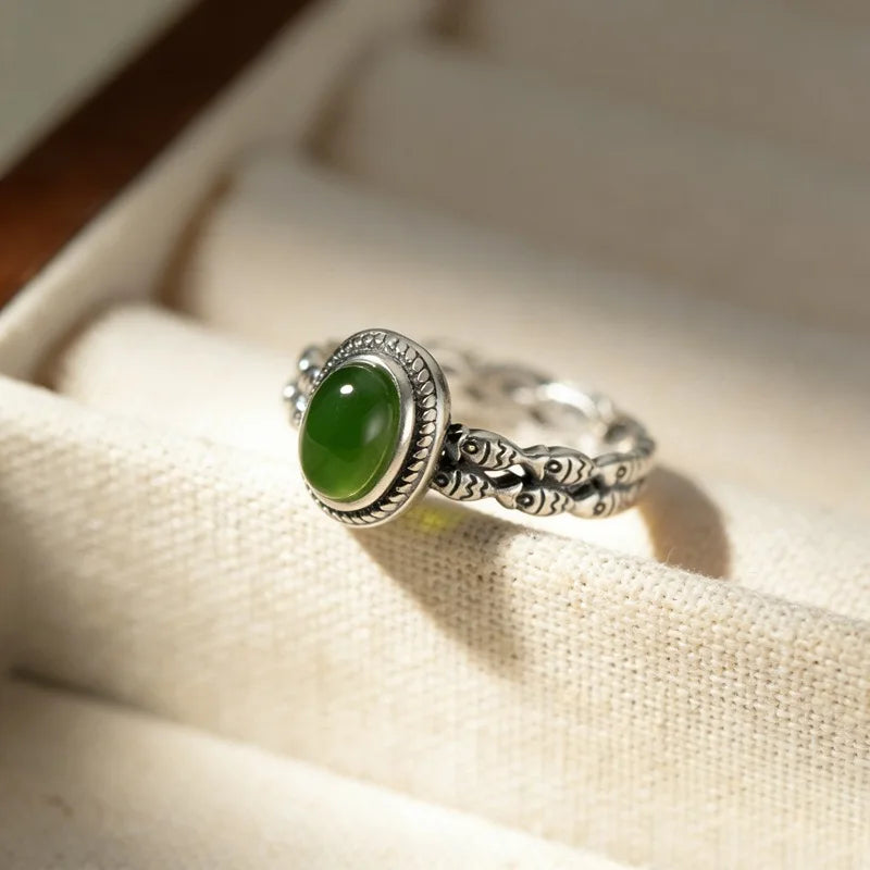 925 Sterling Silver Green Stone Adjustable Ring