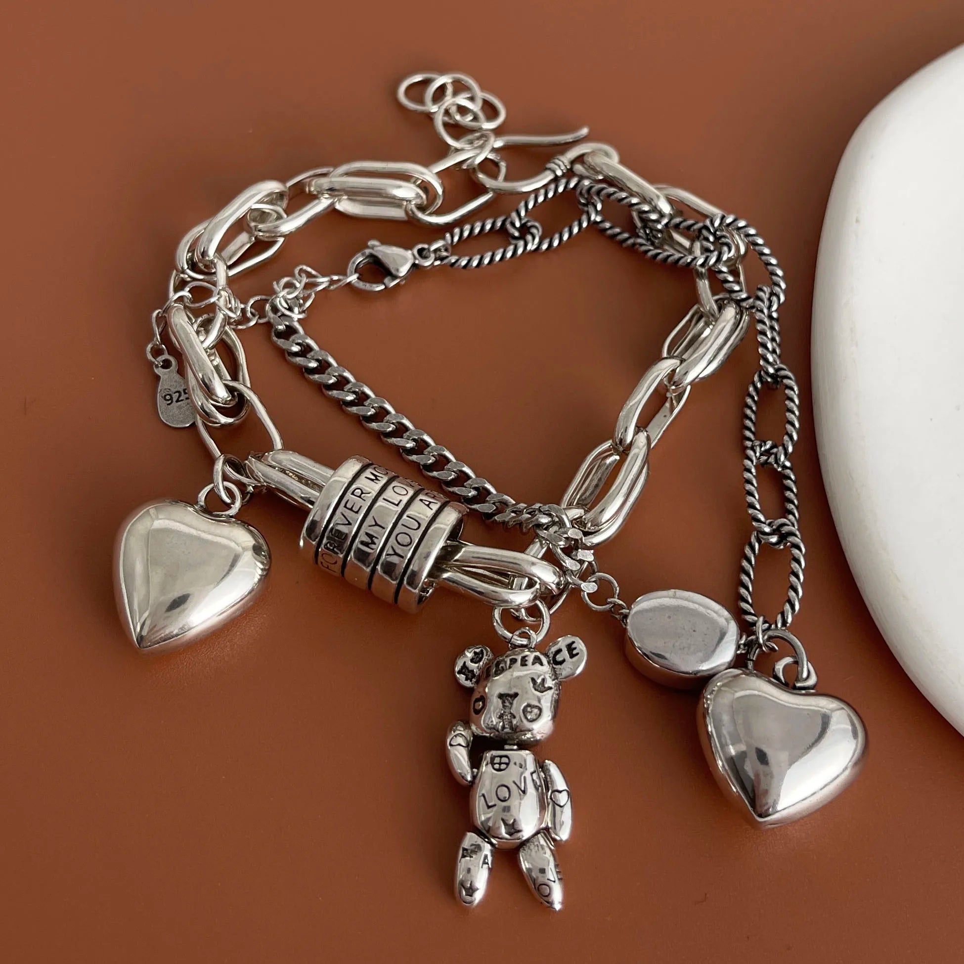 Solid 925 Sterling Silver Charm Bracelet Heart Teddy Love
