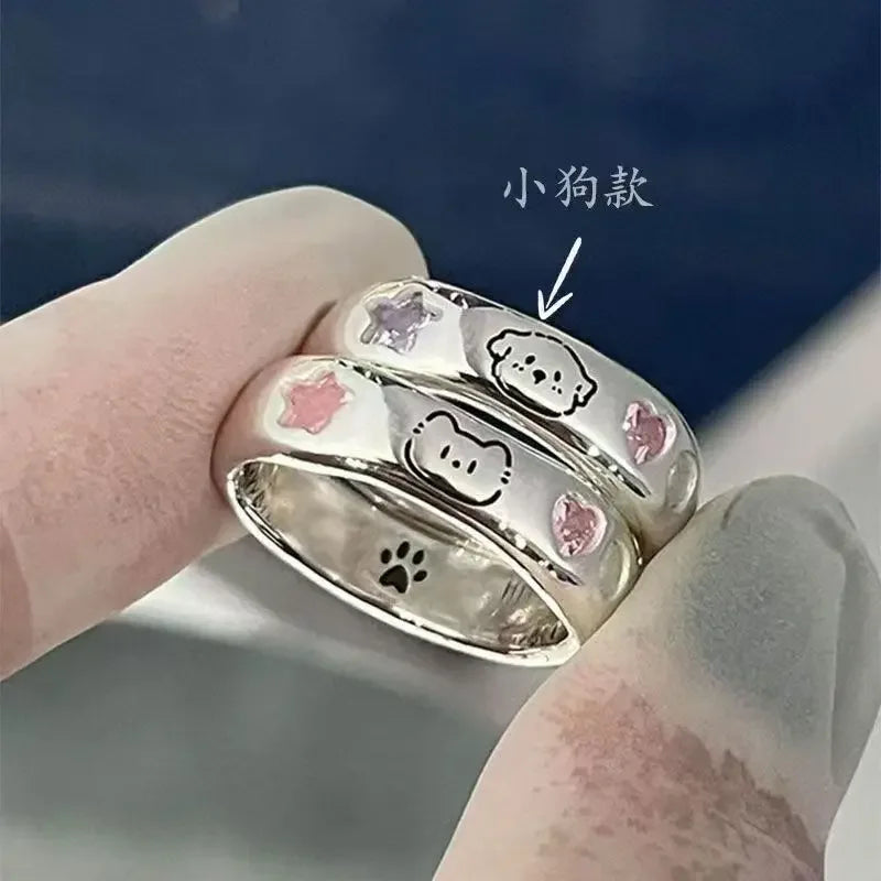 Cat & Dog Rings with Pink CZ Heart & Star - Buy a Set or Choose One, Made of Zink Alloy, Adjustable Size