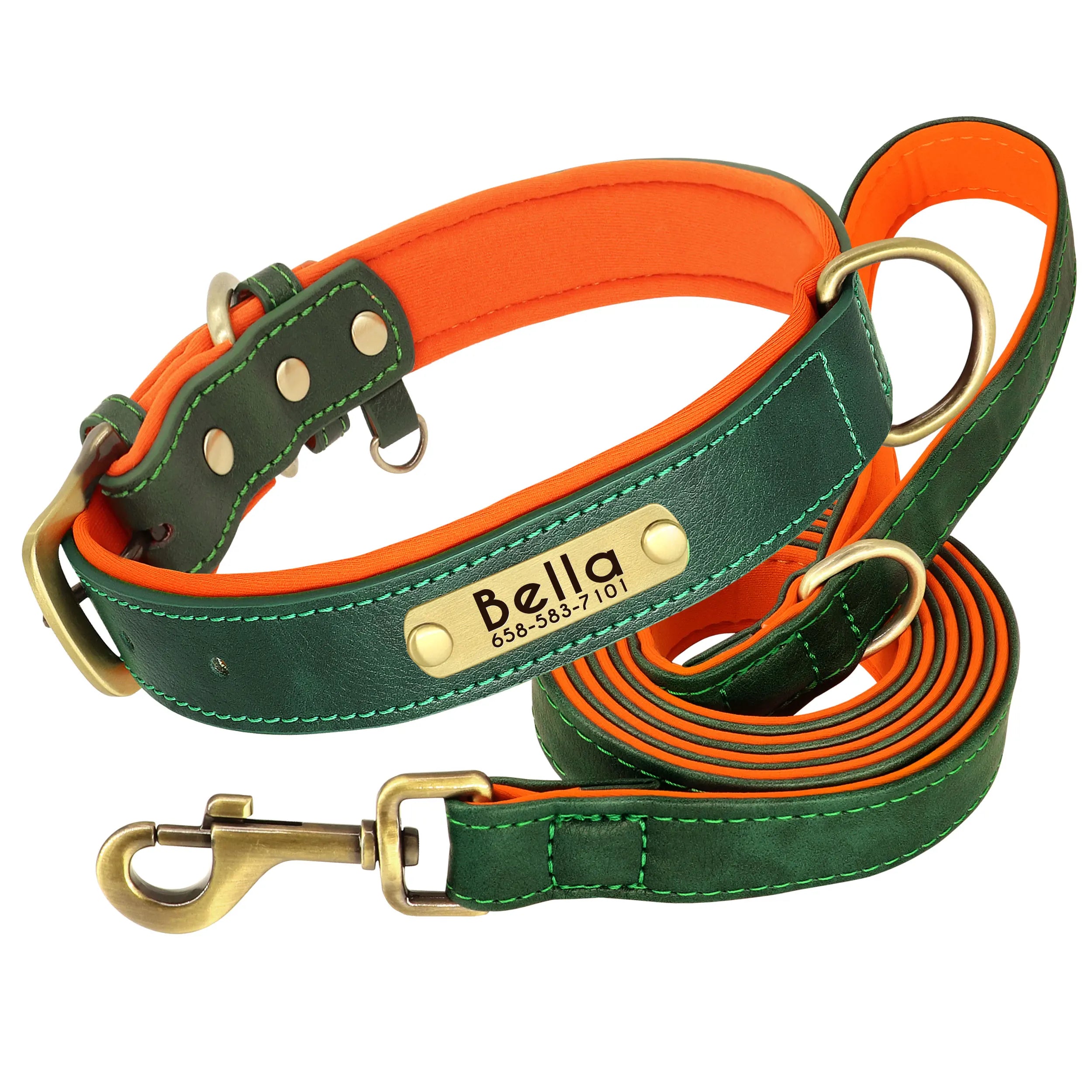 Quality Faux Leather Dog Collar Leash Set - Customize, Engrave, Name Tag