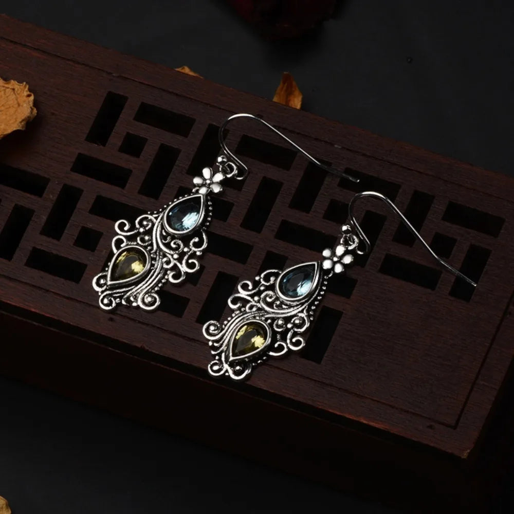 Retro Court Style Sea Blue Topaz Flower Water Droplet Dangle Alloy Earrings