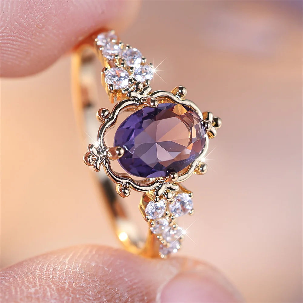 Gold Plated Copper Ring with Purple Oval Crystal Stone & Clear CZ - Romantic, Vintage Looking