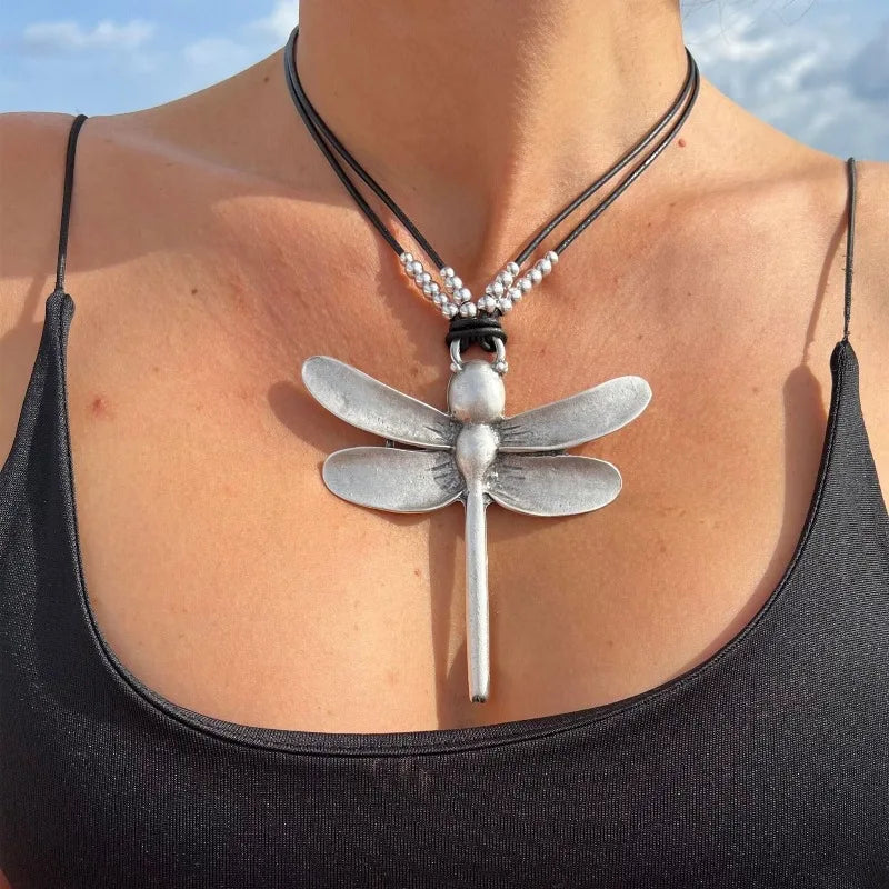 Bold Oversized Boho Beaded Dragonfly Alloy Pendant Rope Necklace