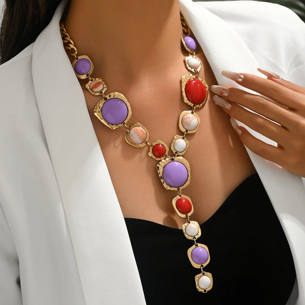 Bold Statement Resin Stone Zinc Alloy Necklace - Oversized, Multicolor, Boho, Trendy