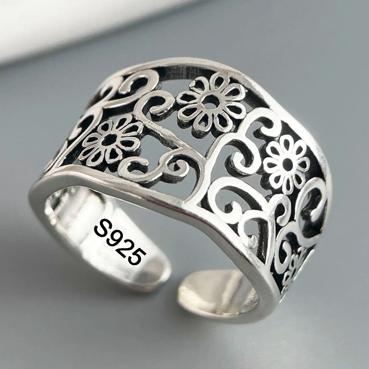 925 Sterling Silver Adjustable Flower Ring