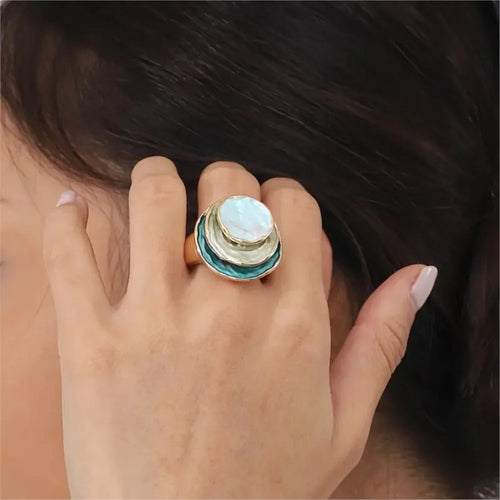 14K Gold Plated Cocktail Ring - Bohemian Three-Layer Circular Blue Bold