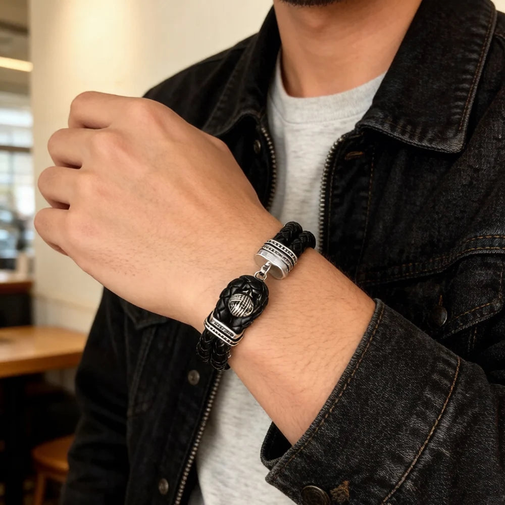 Rhodium Plated Stainless Steel Leather Rebel Punk Bracelet