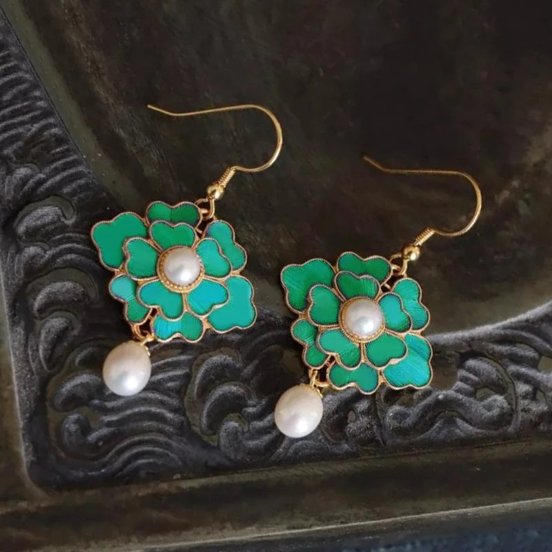 Vintage Gold-Plated Cloisonne Enamel Porcelain Green Flower Drop Earrings