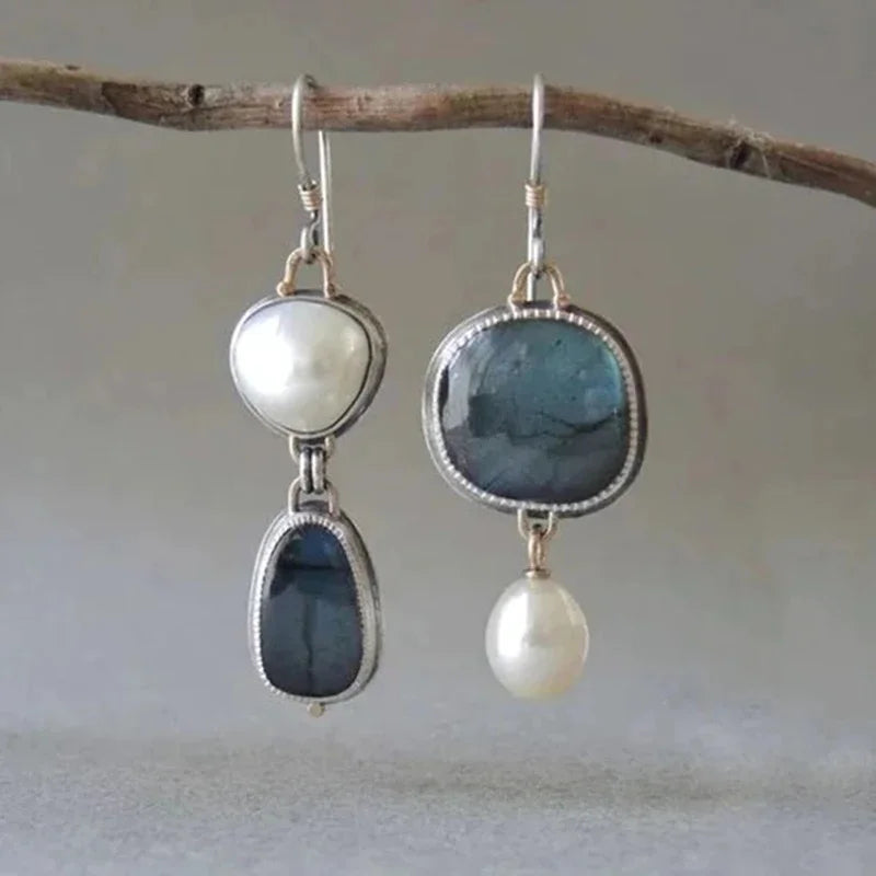 Boho Faux Pearl Blue Stone Dangle Alloy Earrings