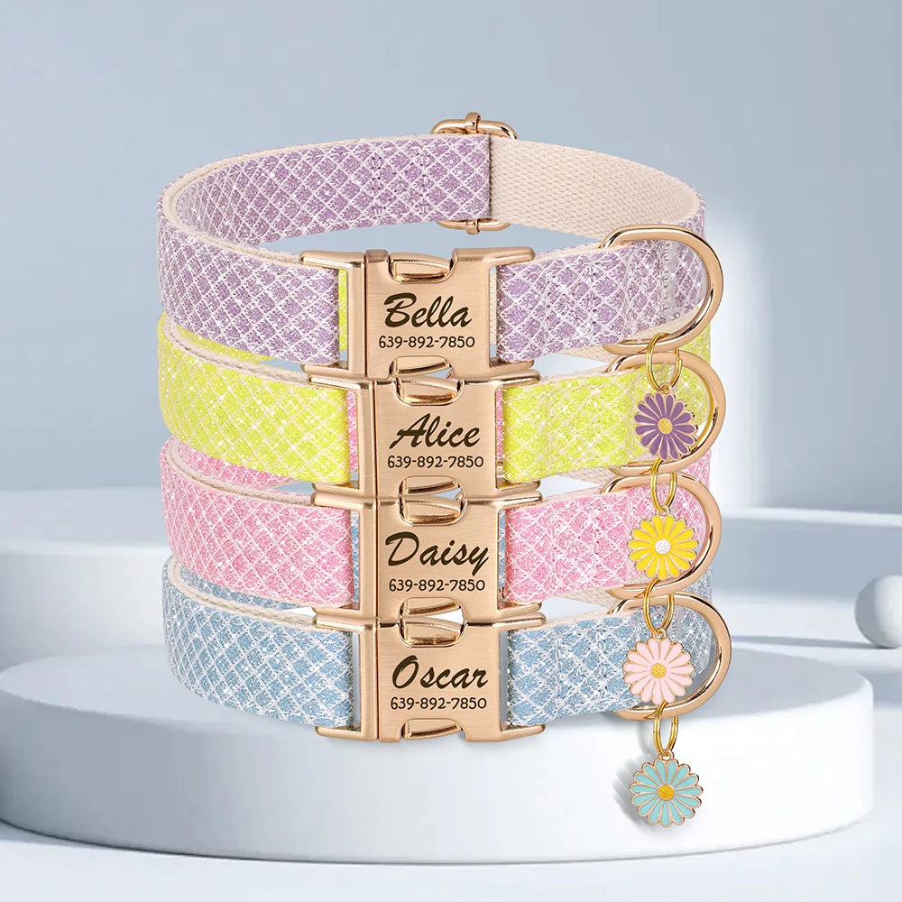 Nylon Dog Collar with Cute Flower Tag - Customize, Engrave, Name Tag, ID Necklace