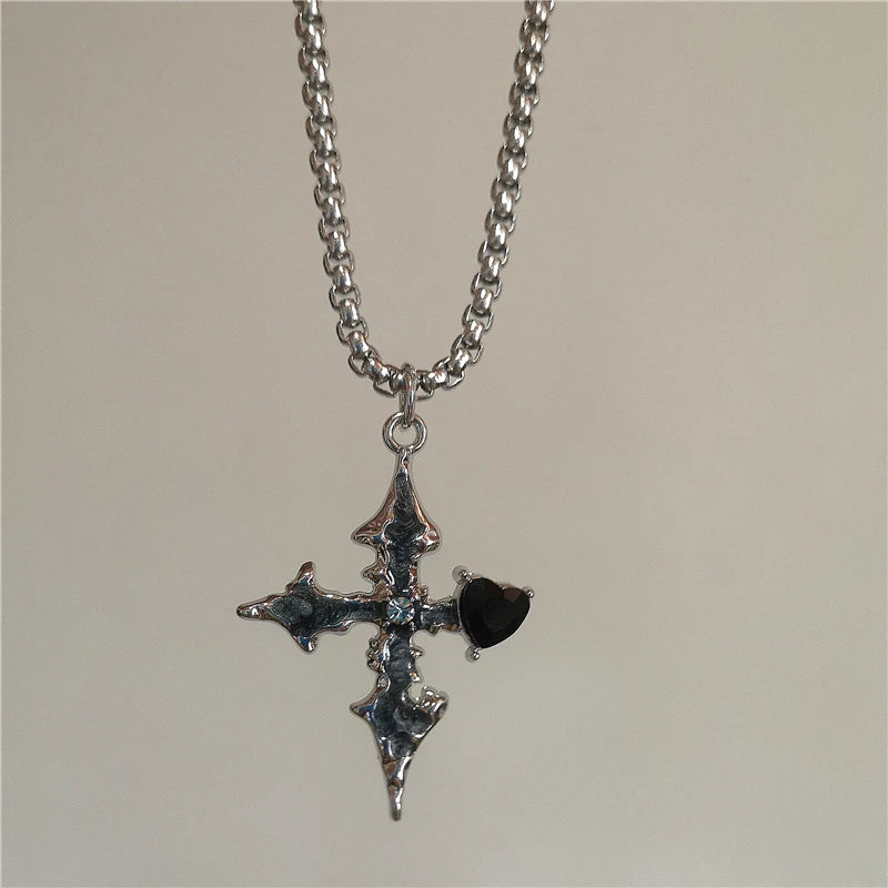 Stainless Steel Gothic Y2K Black Thorn Cross Heart Pendant Choker Necklace Selection
