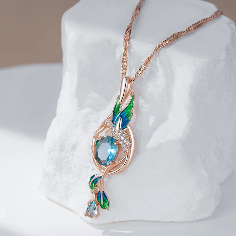 14K Rose Gold Plated Copper Peacock Pendant Necklace with Blue Natural Zircon
