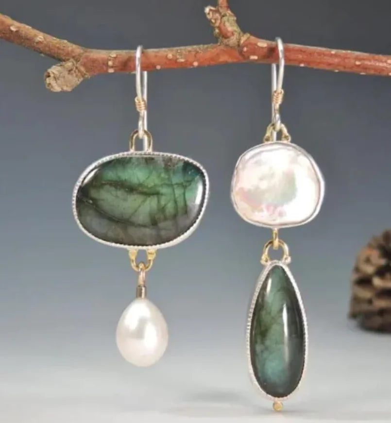 Asymmetric Faux Pearl Oval Green Stone Zinc Alloy Earrings