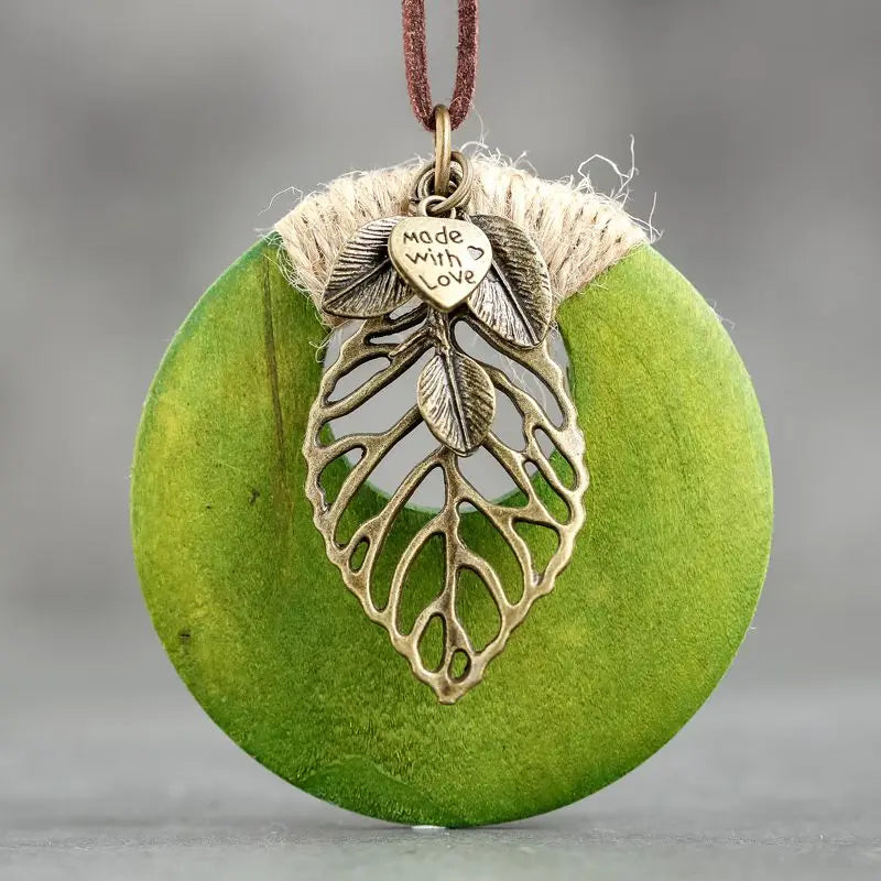 Round Wood Pendant Zink Alloy Leaf Rope Chain