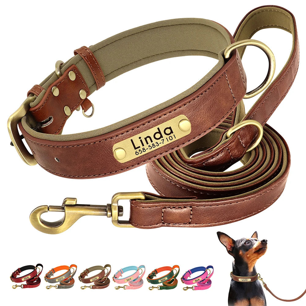 Quality Faux Leather Dog Collar Leash Set - Customize, Engrave, Name Tag
