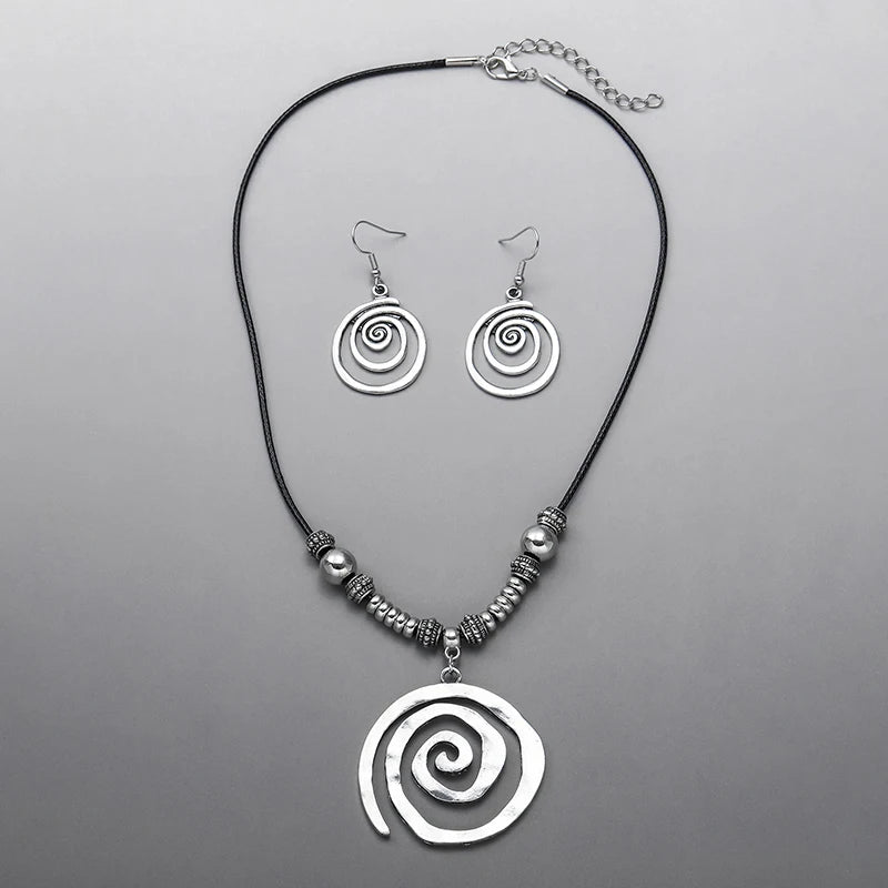 Bold Bohemian Style Alloy Spiral Pendant Necklace & Earrings