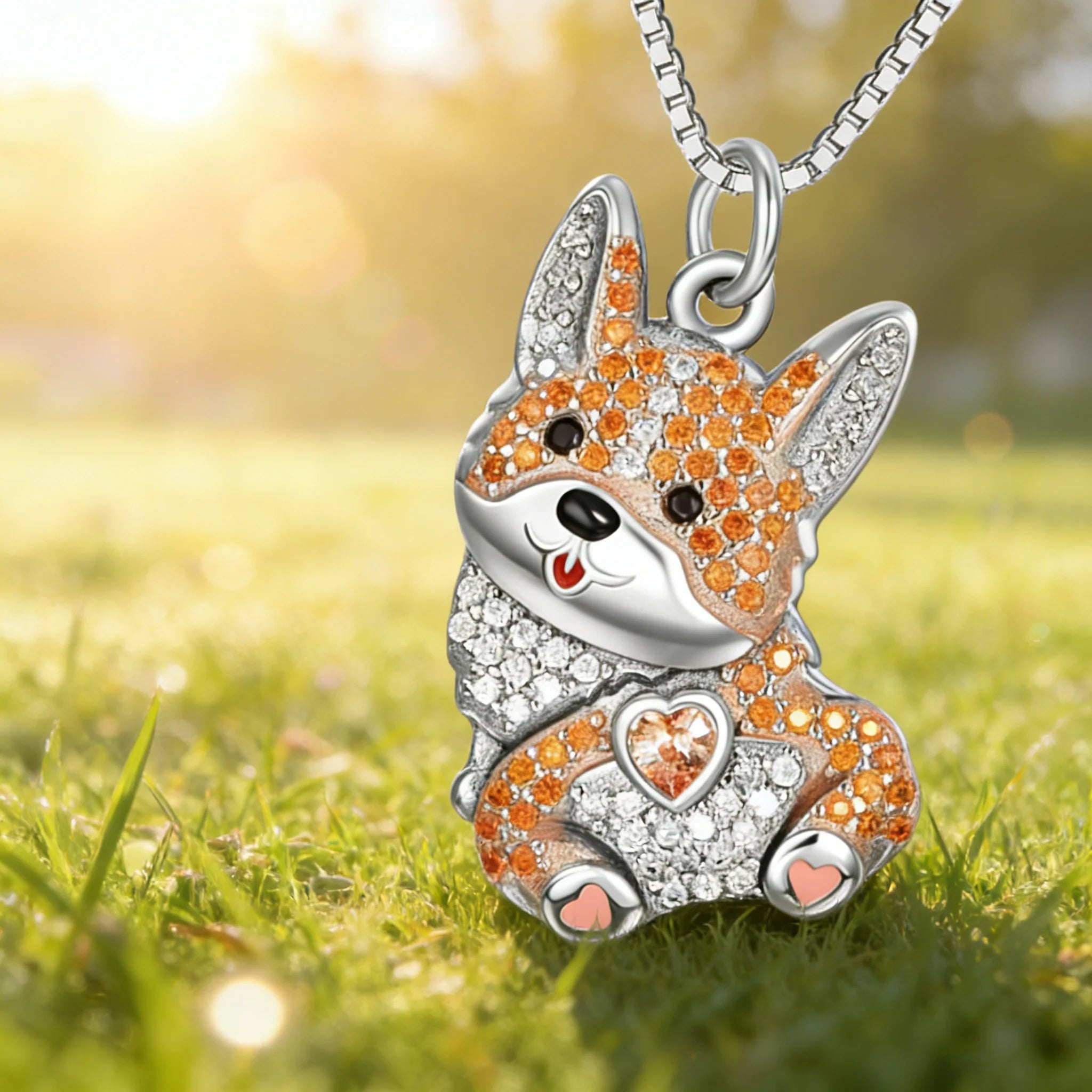 Sparkling Crystals Corgi Dog Pendant Necklace in Zinc Alloy & Stainless Steel