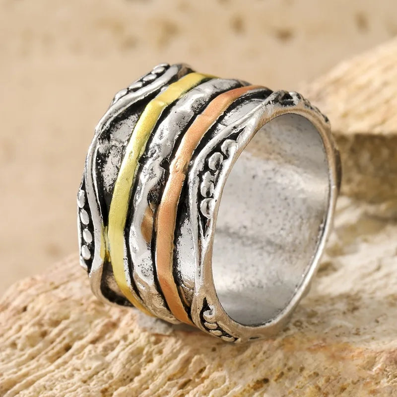 Retro Boho Multi-Color Zinc Alloy Band Ring - Layered Texture, Unique, Handmade