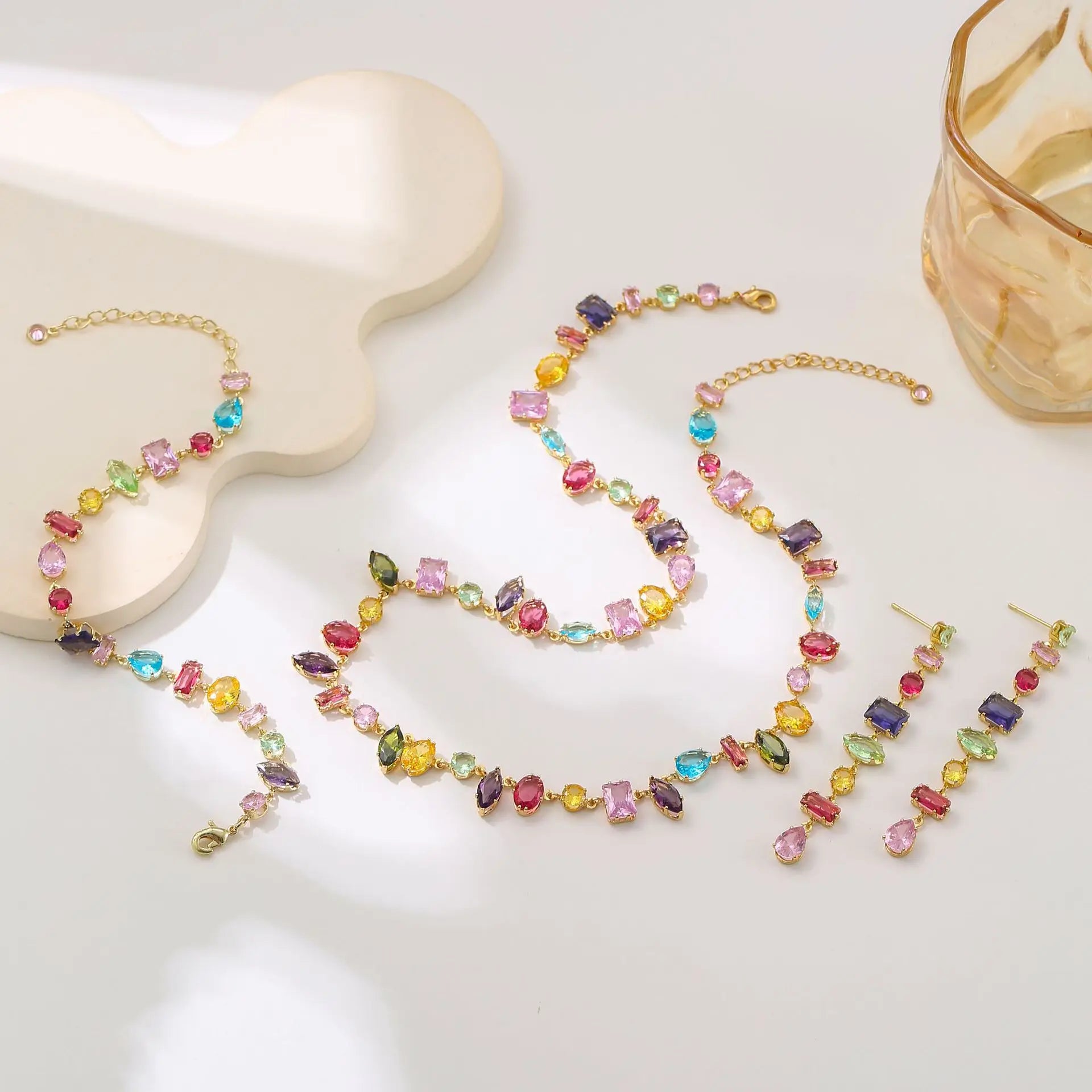Colorful Zircon Crystal Necklace, Earrings & Bracelet in Zinc Alloy