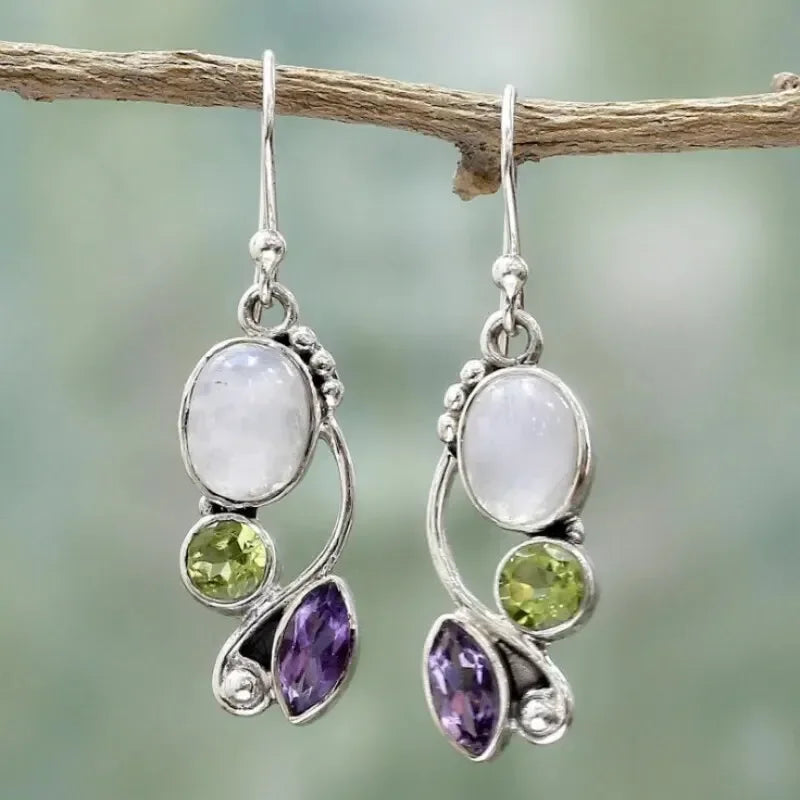 Boho Moonstone Amethyst Dangle Alloy Earrings