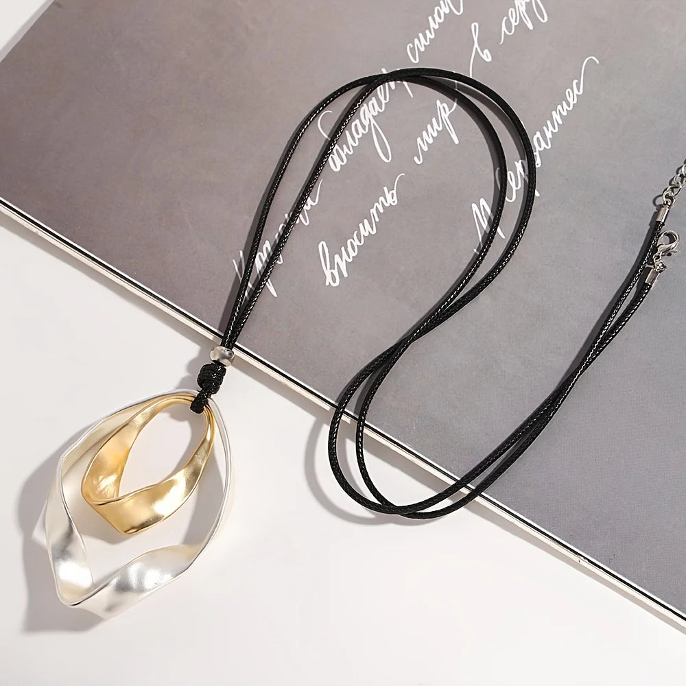 Bold Two-Tone Geometric Circle Zinc Alloy Pendant Long Faux Leather Rope Necklace