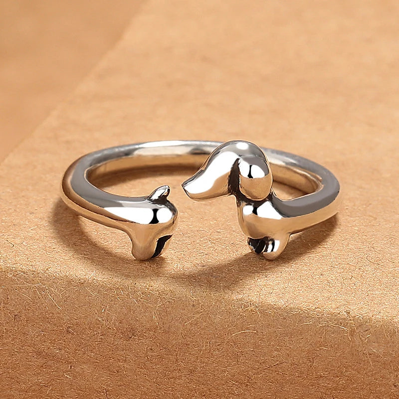 Silver Plated Copper Dachshund Sausage Dog Adjustable Ring