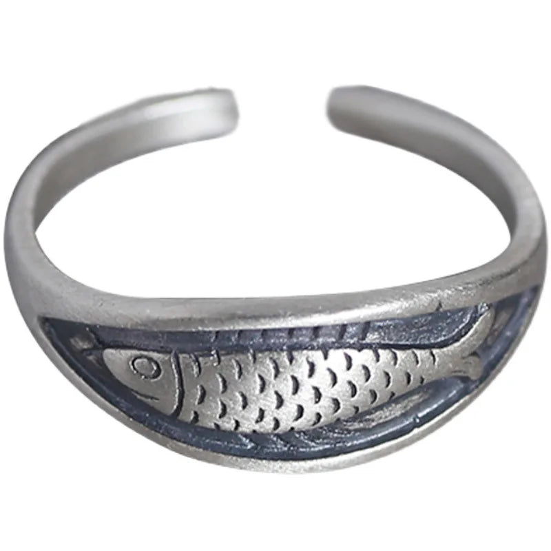 925 Sterling Silver Retro Fish Ring Adjustable