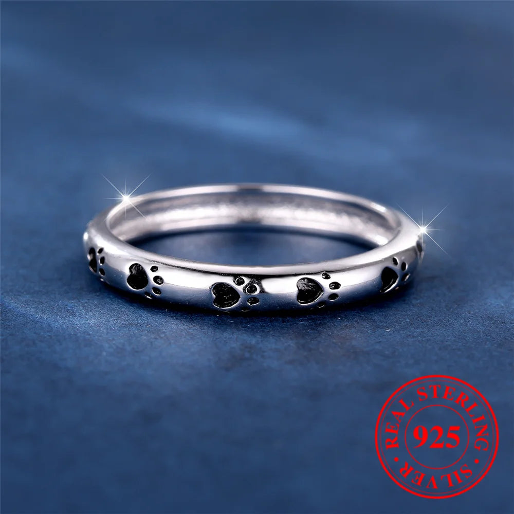 925 Sterling Silver Dog Paw Footprint Band Ring with Black Cubic Zirconia Hearts
