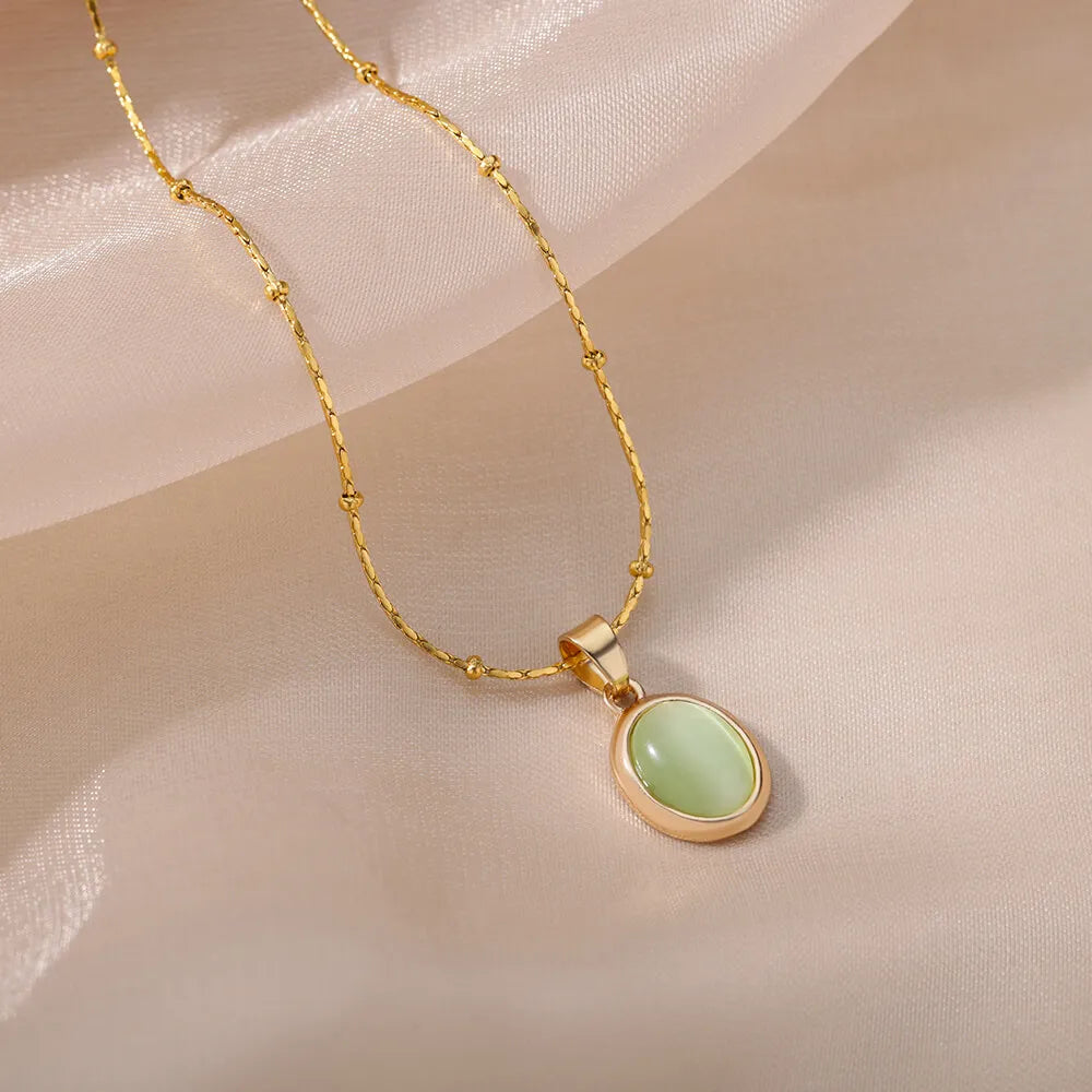 Opal Stone Pendant Stainless Steel Necklace