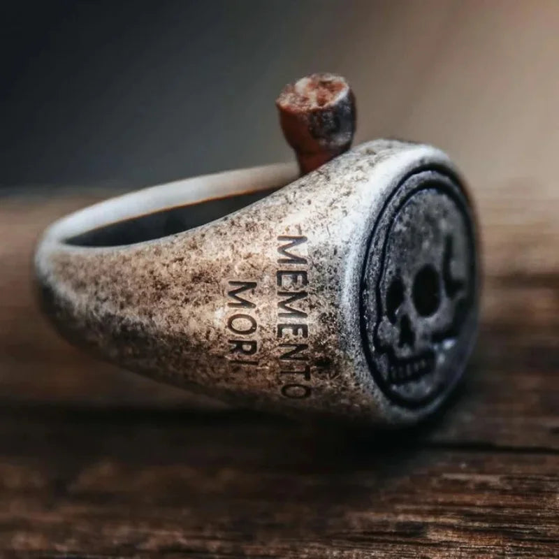 Memento Mori Vintage Enspired Silver Plated Stainless Steel Gothic Engraved Ring