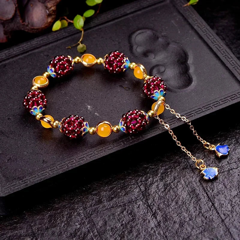 Pomegranate Fruit Blue Flower Tianhe Stone Beaded Strand Bracelet - Nature Inspired Unique