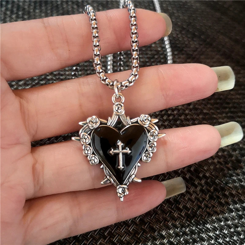 Stainless Steel Gothic Y2K Black Thorn Cross Heart Pendant Choker Necklace Selection