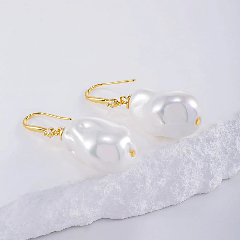 Large Luxury Faux Pearl Earrings & Necklace 14k Gold Plated