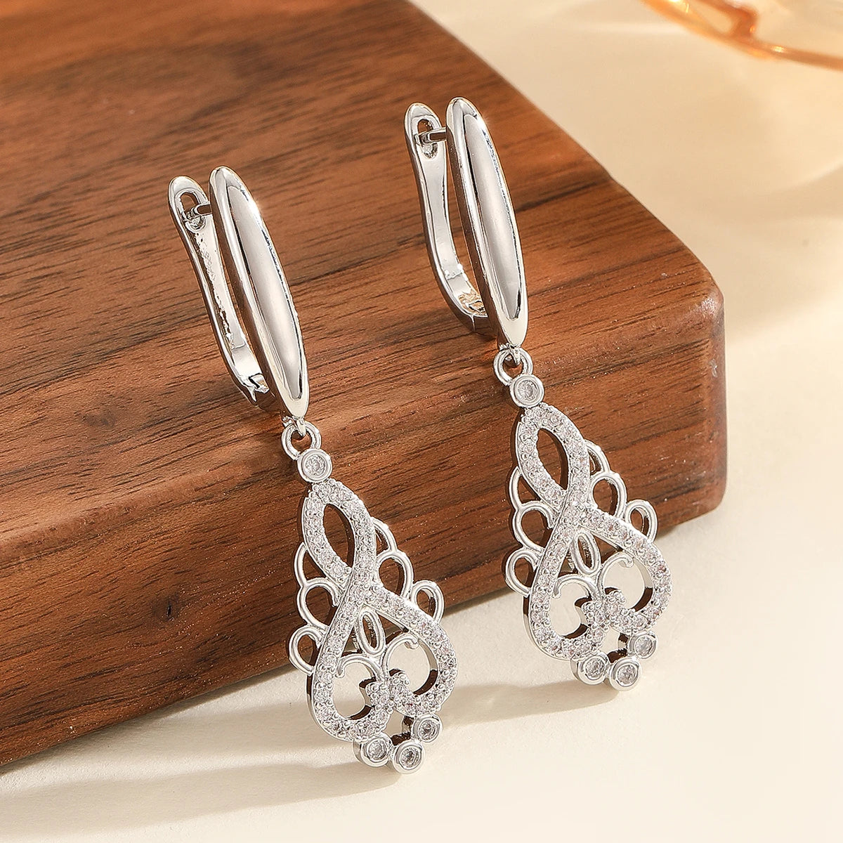 CZ Flower Cooper Feminine Bridal Heart Dangle Earrings