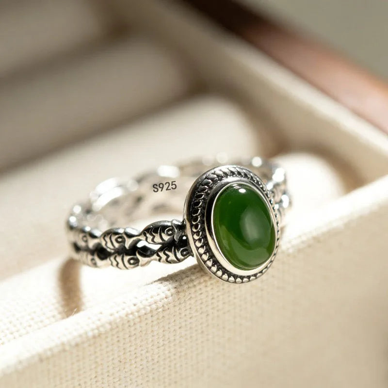 925 Sterling Silver Green Stone Adjustable Ring