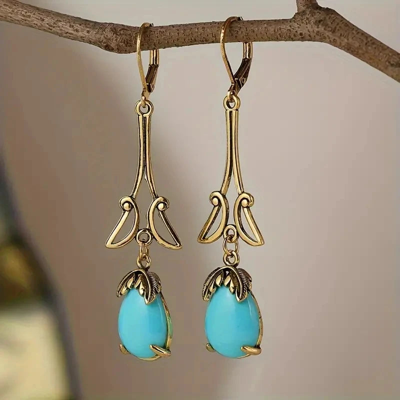 Vintage Inspired Turquoise Golden Water Drop Resin Alloy Earrings