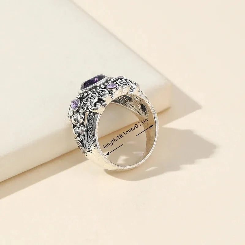 Purple CZ Stone Thai Silver Plated Zinc Alloy Leaf Flower Ring