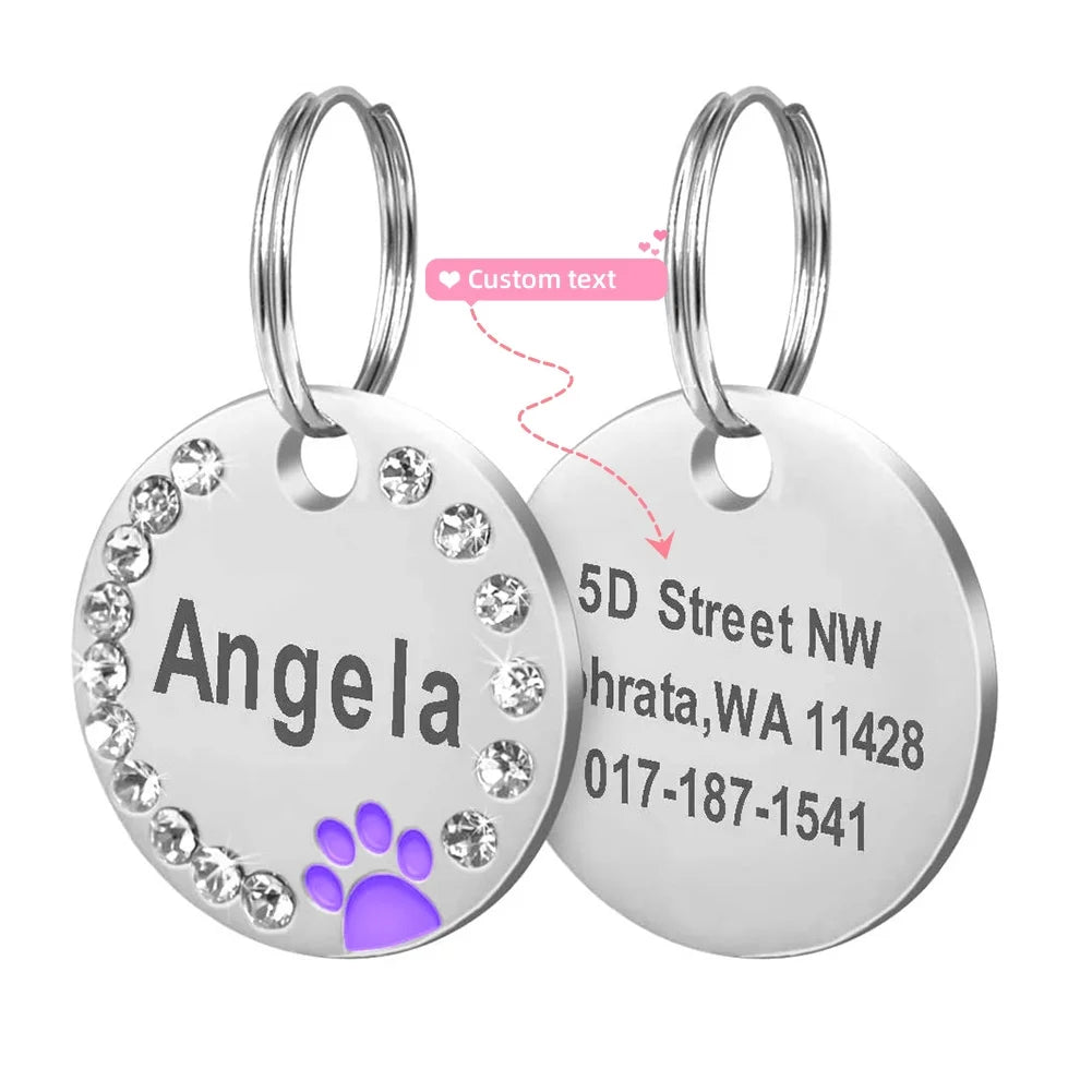 Stainless Steel Pet ID Tag with CZ Diamonds, in Multiple Colors