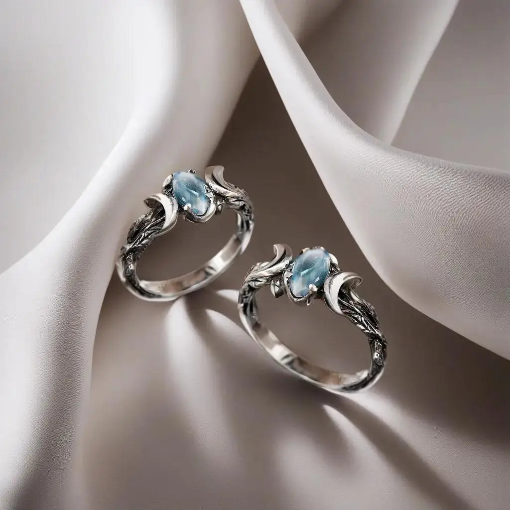 Unique Stainless Steel Natural Blue Moonstone Crescent Moon Ring