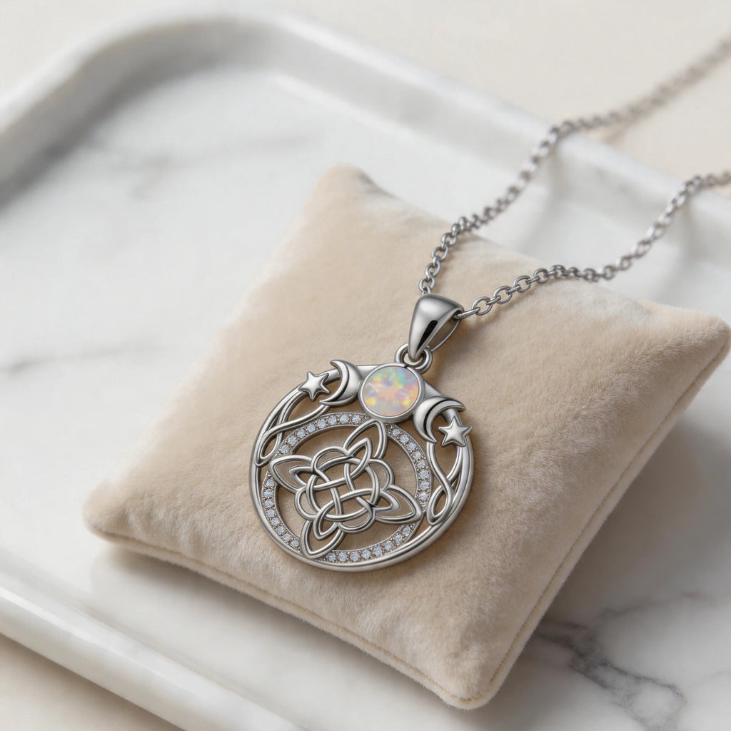 Tibetan Silver-Plated Stainless-Steel Triple Moon Goddess Witch Knot Necklace Opal Zircon Pendant