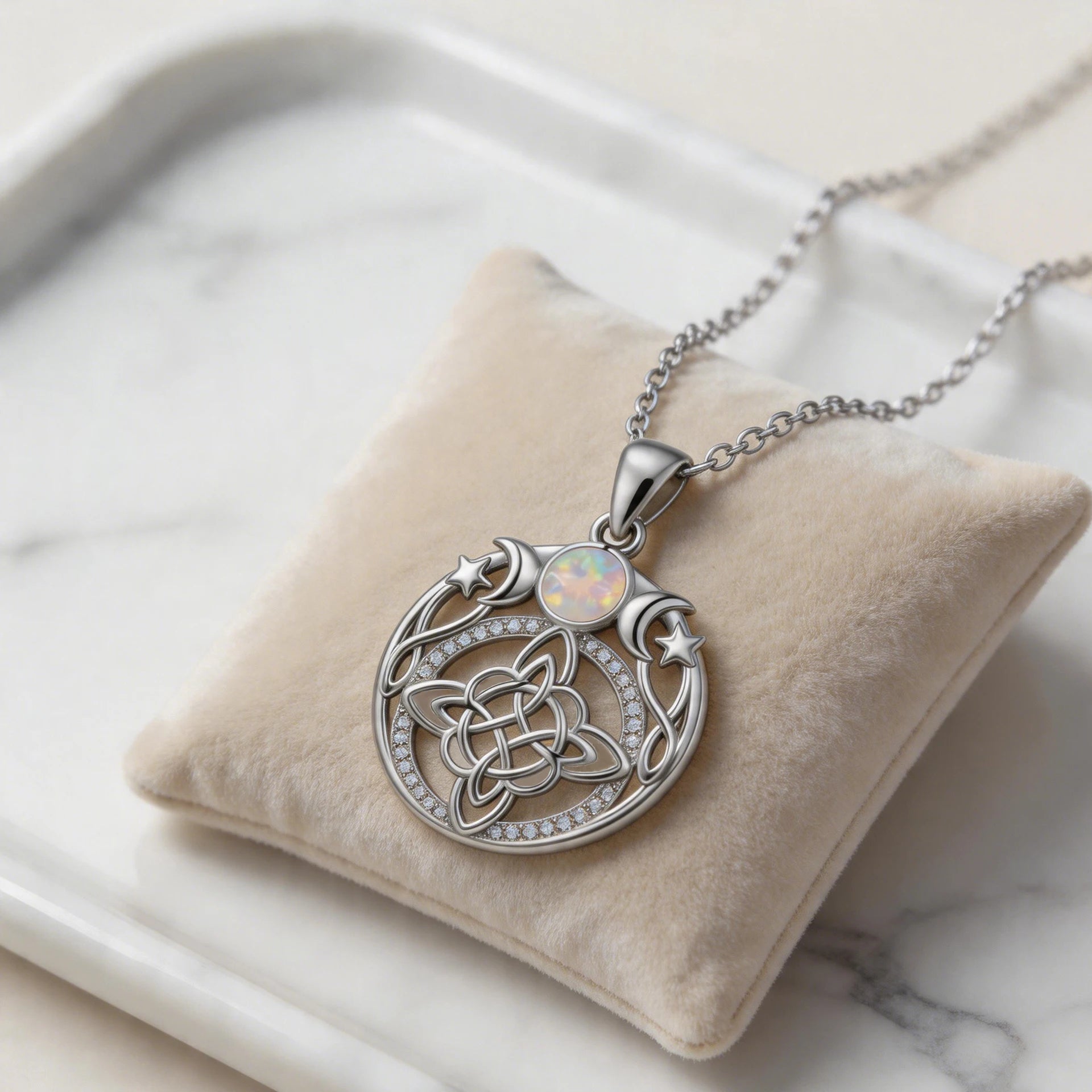 Tibetan Silver-Plated Stainless-Steel Triple Moon Goddess Witch Knot Necklace Opal Zircon Pendant