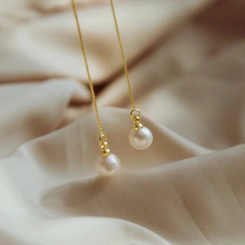 Long Hanging Thread Alloy Earrings Simulated Drop Pearl