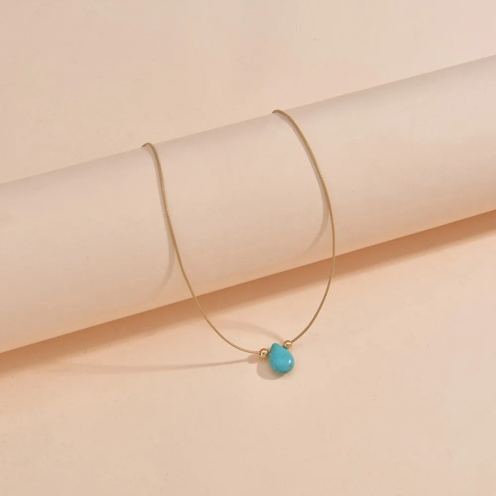 Boho Teardrop Turquoise Pendant Fashion Stainless Steel Necklace Girl