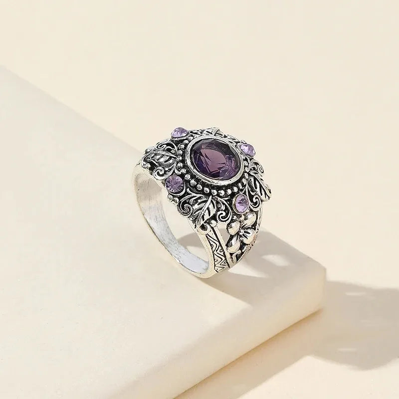 Purple CZ Stone Thai Silver Plated Zinc Alloy Leaf Flower Ring