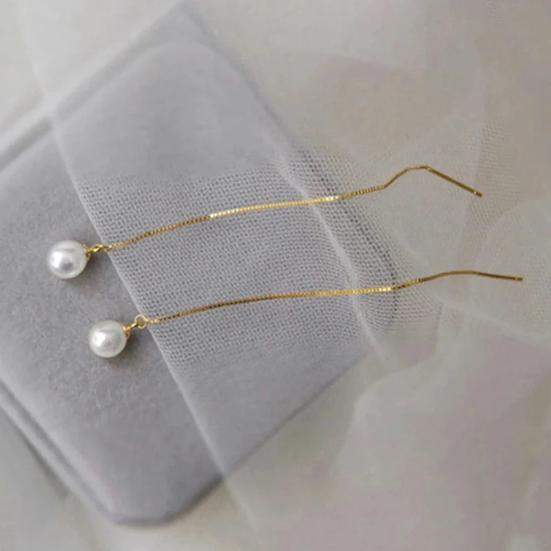 Long Hanging Thread Alloy Earrings Simulated Drop Pearl