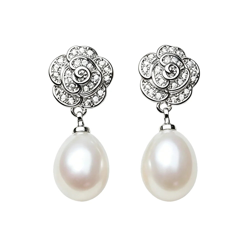 925 Sterling Silver Freshwater Pearl CZ Flower Drop Earrings