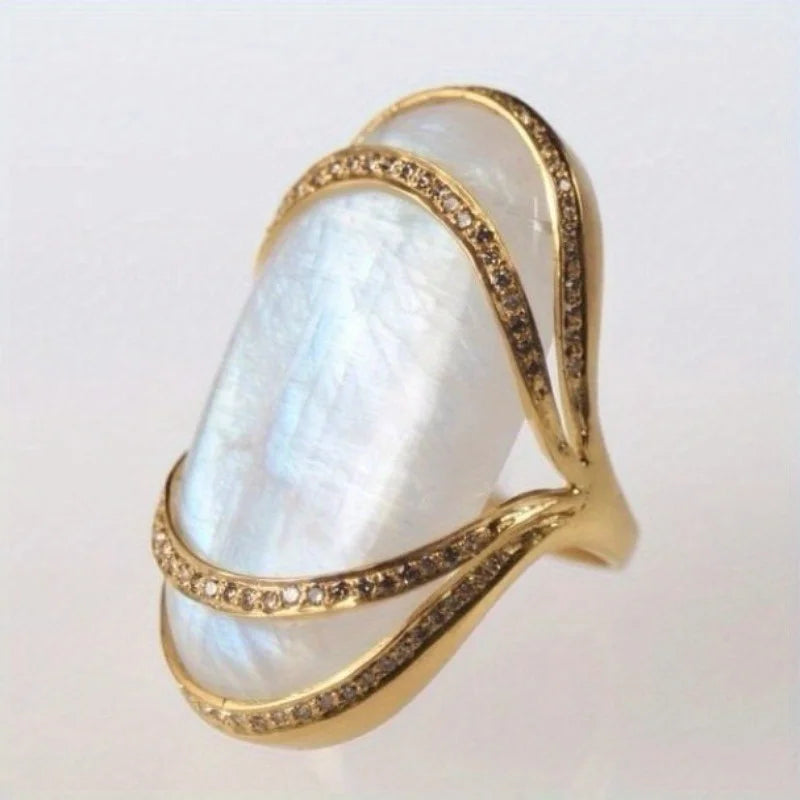 Bold Statement Brass Ring with Large White Faux Pearl & Zircon